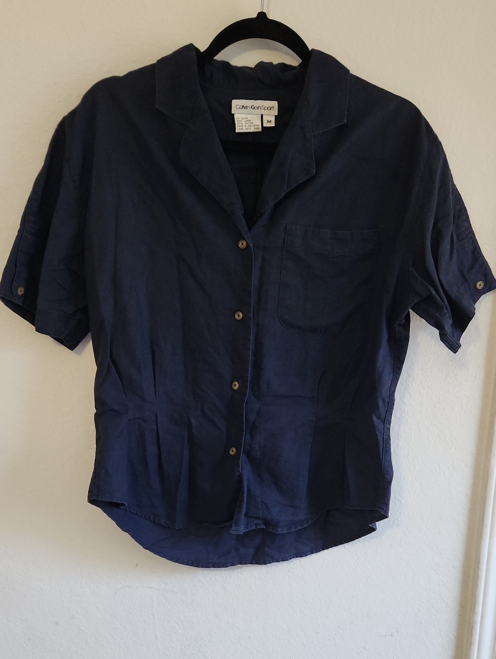 ​Vintage Calvin Klein Sport Navy Blue Linen Cotton Short Sleeve Blouse Size M